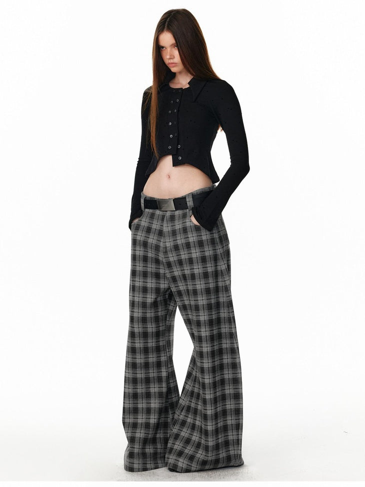 ALINNVSTUDIO Plaid Low Rise Loose American Style Zipper Front Women Wide Leg Pants