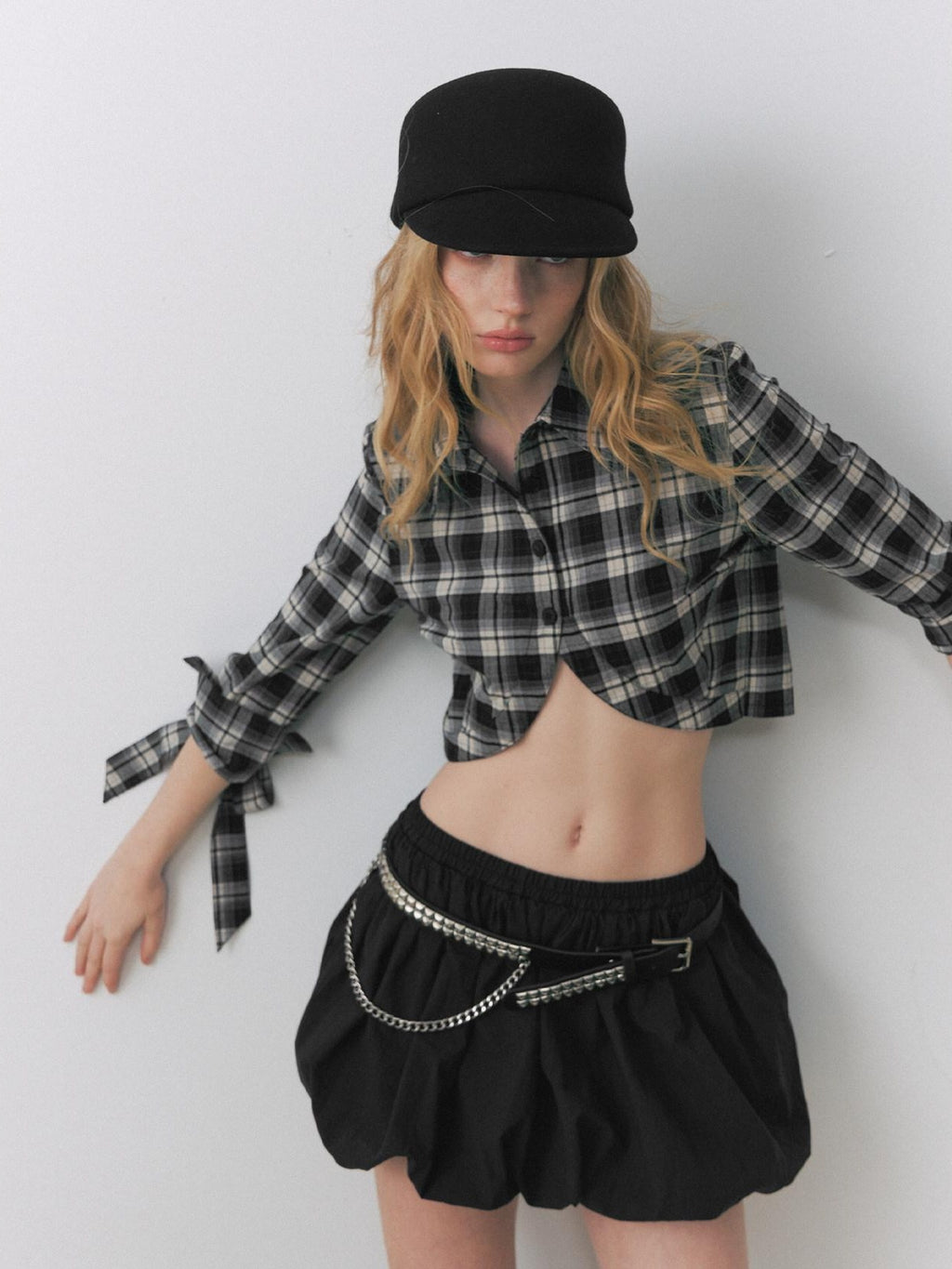 DeleteEx Skin Friendly Breathable Vintage Cropped High Waist Plaid Lapel Bow Blouses