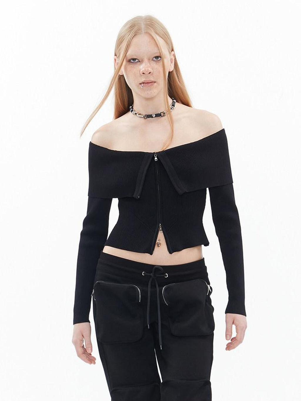 ALINNVSTUDIO Black Long Sleeve One Size Open Front Office Style Solid Off Shoulder Crop Tops
