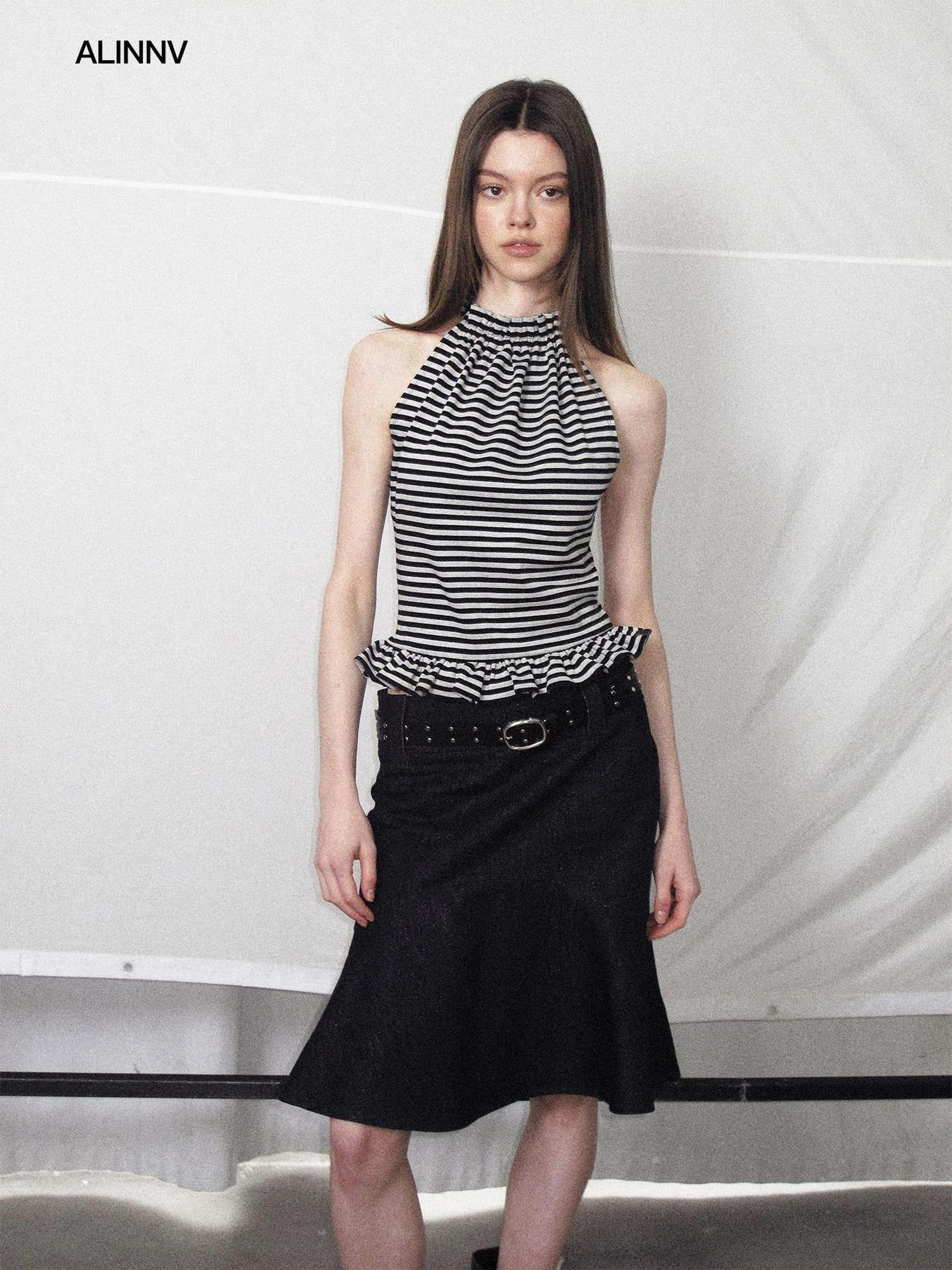 ALINNVSTUDIO Ruffle Trim Cropped Fitted Waist Halter Mock Neck Women Modal Blend Tank Tops