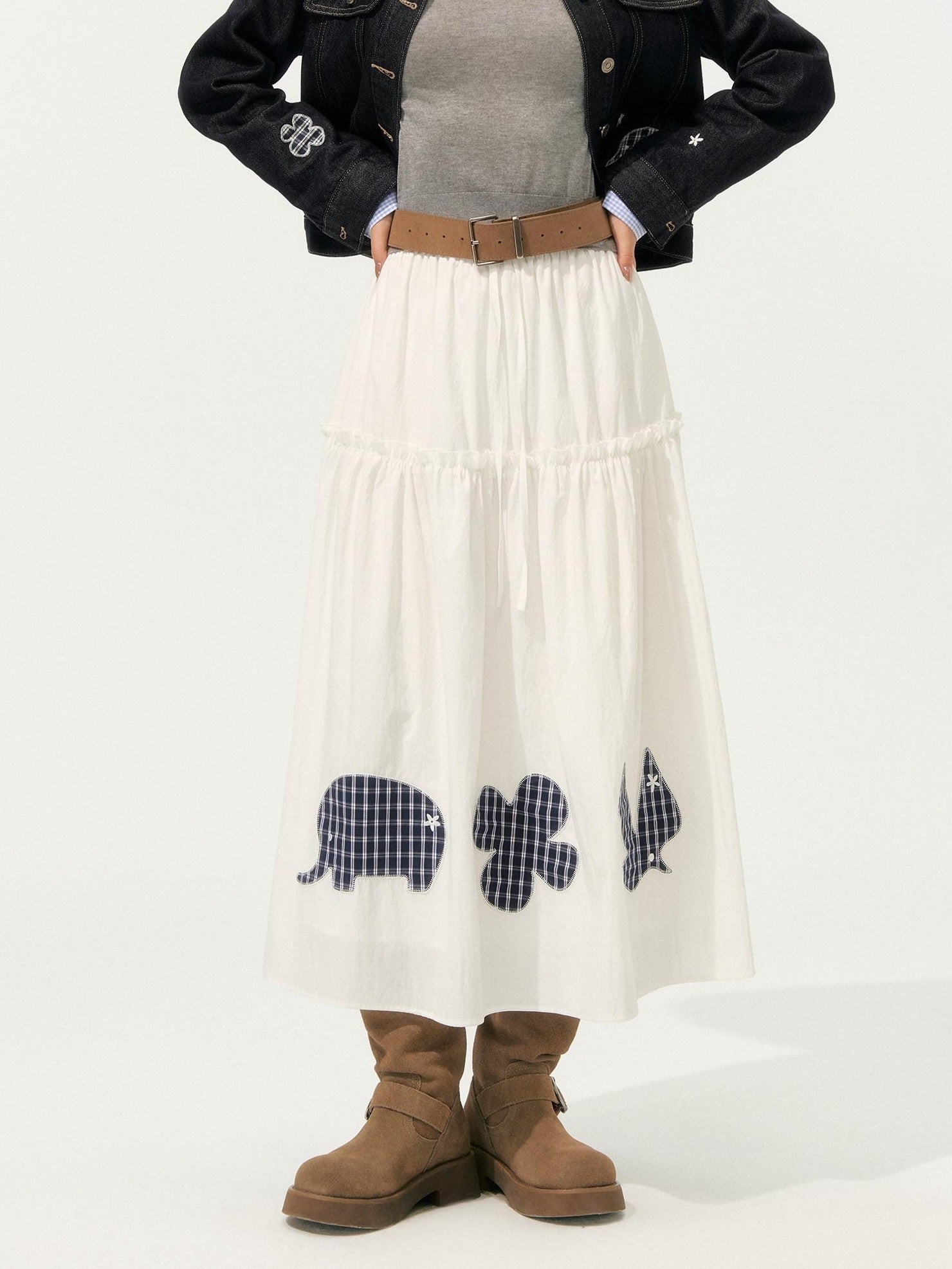 SOMESOWE High Waist French A Line Patch Detail Loose Fit Casual White Maxi Skirts