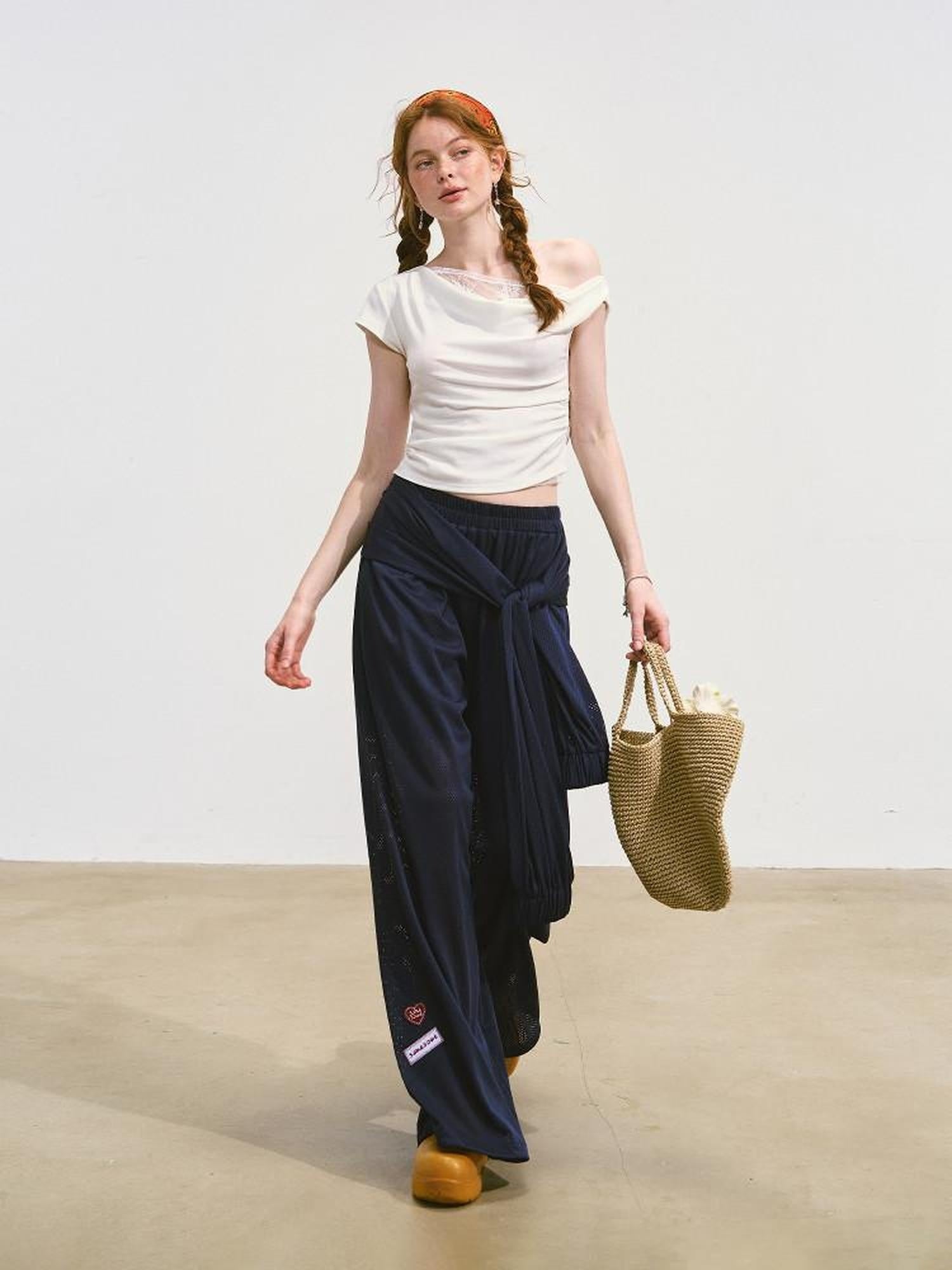SOMESOWE Asymmetrical Pocket Versatile Straight Elastic Natural Waist Wide Leg Pants