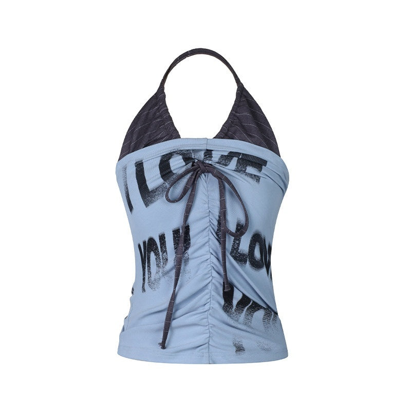 DeleteEx_Hand_Painted_Halter_Fake_Two_Piece_Slim_Fit_Crop_Cotton_Blend_Sky_Blue_Camisoles_MISSTT