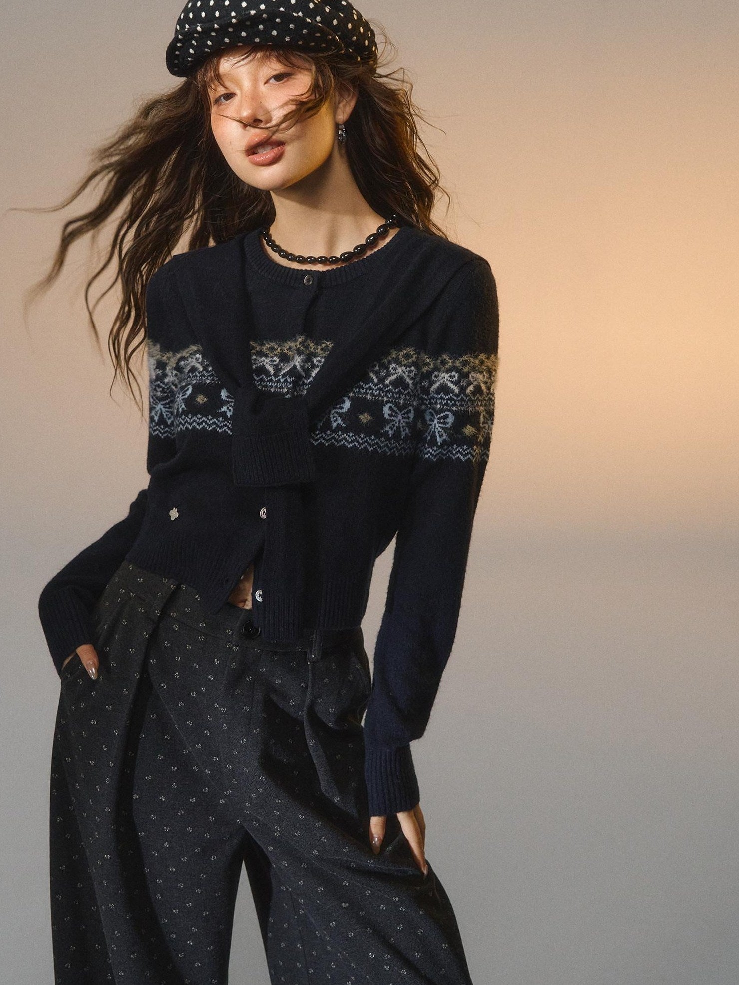 SOMESOWE Minimal Commuter V-neck Button Bow Detail Layered Look Women Navy Knit Cardigans