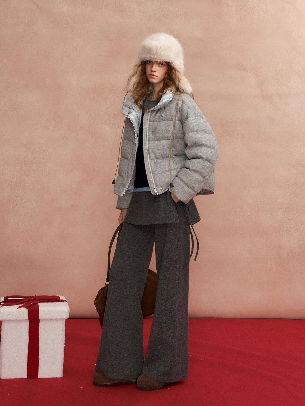 SOMESOWE Warm 90 Percent Duck Down Patchwork Plaid Lapel Zip Women Grey Down Jackets