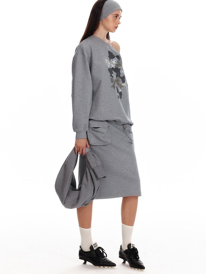 ALINNVSTUDIO Bow Accent Loose Fit Office Round Neck Women White And Gray Sweatshirt