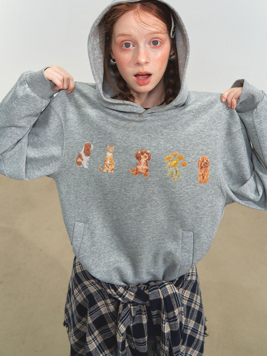SOMESOWE Cartoon Anime Oversized Hooded Longsleeve Casual Grey Brown Hoodie