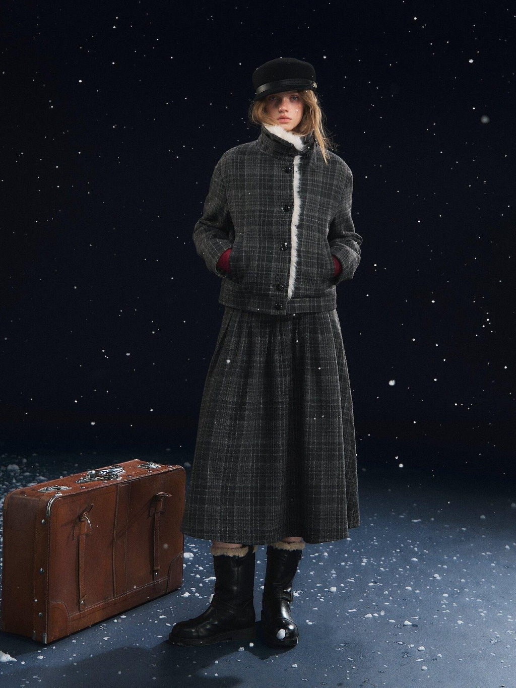 SOMESOWE Plaid Patchwork Oversized Jacket Loose Button Front Women Top & Skirt Sets