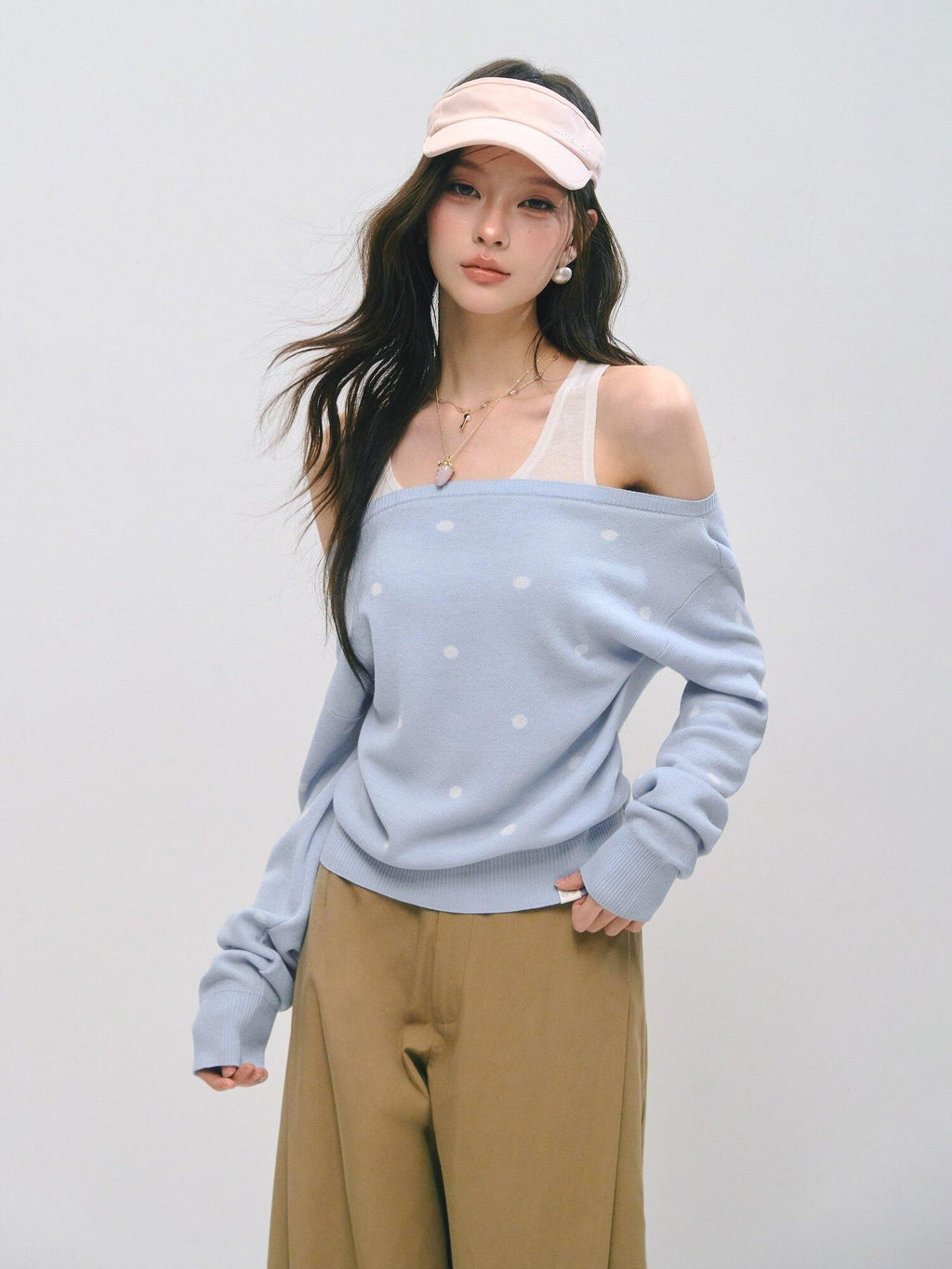 SOMESOWE Faux Layered Colorblock Polka Dot Boat Neck Knit Pullover Sweaters