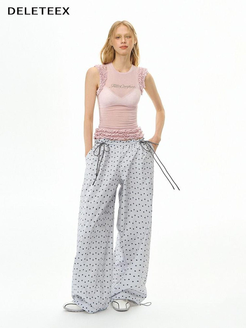 DeleteEx Soft 100 Percent Polyester Silver Gray Print Flowy Casual Wide Leg Pants