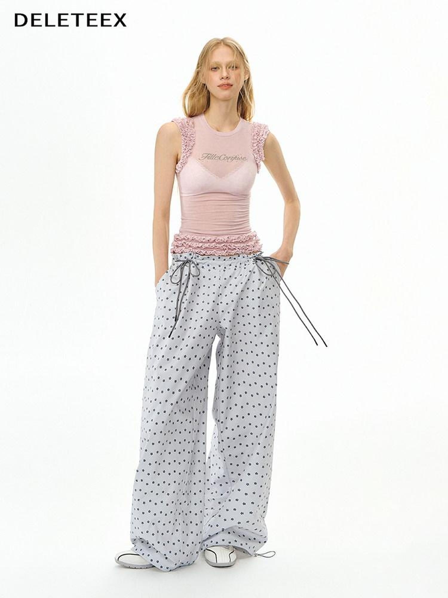 DeleteEx Soft 100 Percent Polyester Silver Gray Print Flowy Casual Wide Leg Pants