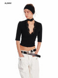 ALINNVSTUDIO Lace Trim V-neck Slim Fit Office Half Sleeve Solid Black White Basic Crop Tops