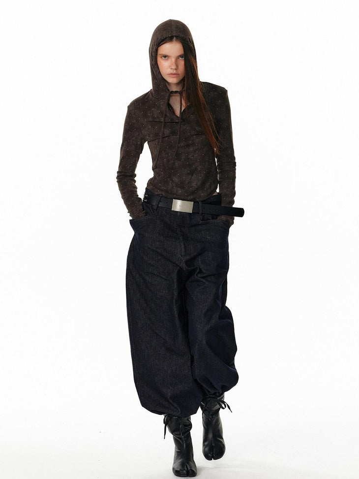 ALINNVSTUDIO Tie Detail Cropped Polka Dot Hooded Pullover Long Sleeve Women Grey Brown Hoodie