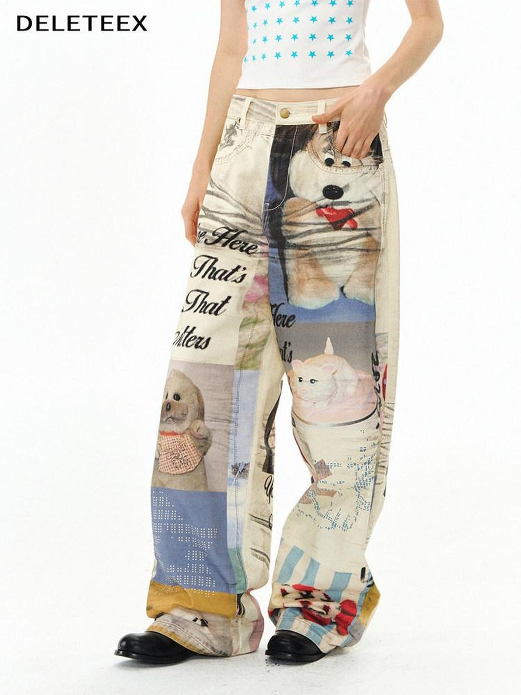 DeleteEx Cotton Washed Print Loose Natural Waist Zipper Wide Leg Jeans