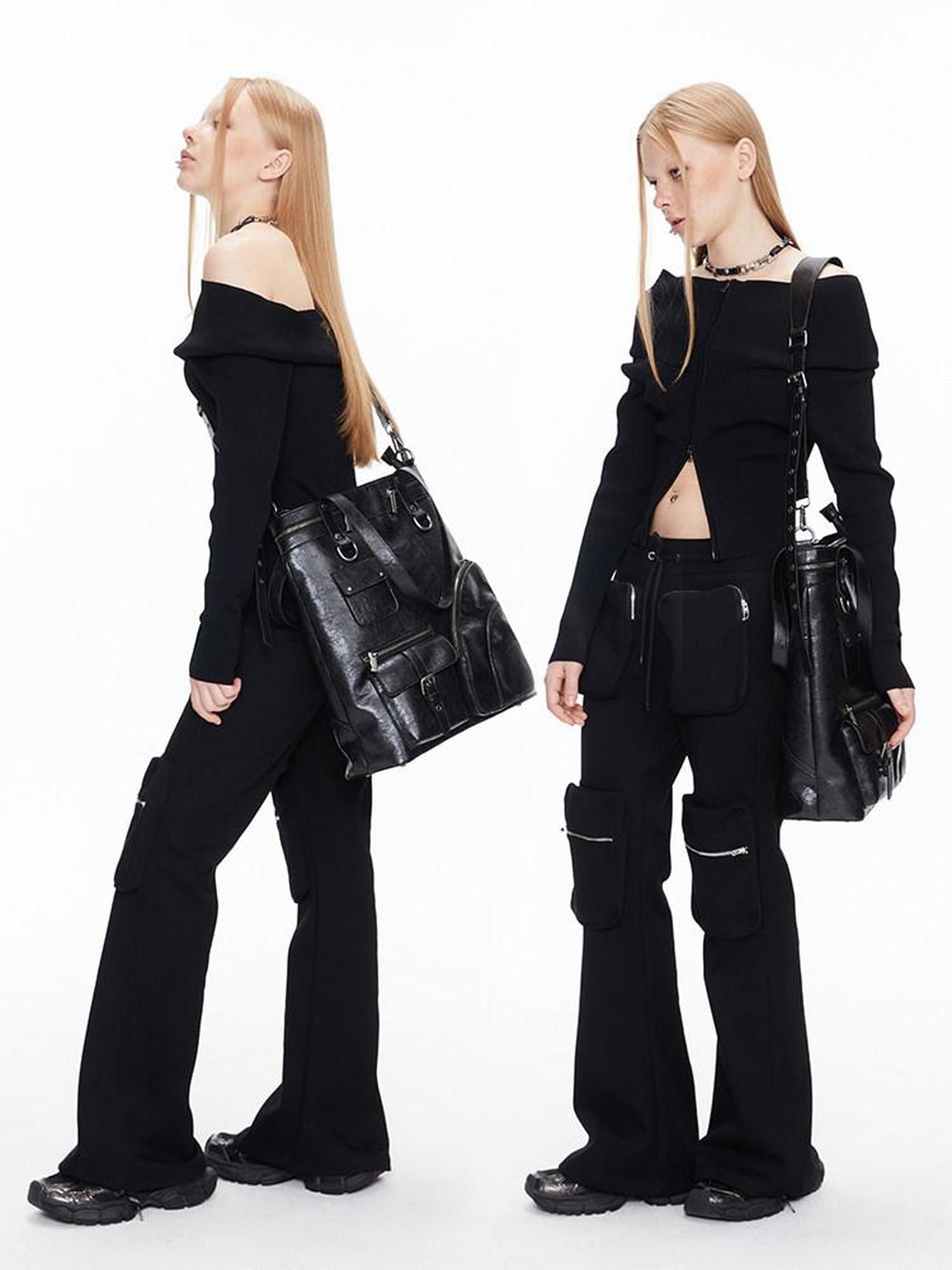 ALINNVSTUDIO Black Long Sleeve One Size Open Front Office Style Solid Off Shoulder Crop Tops