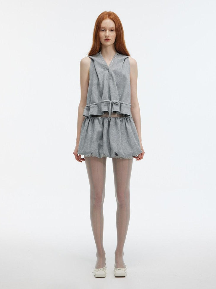 ALINNVSTUDIO Sweet Bubble Hem Mid Rise Solid Color Casual Everyday Mini Shorts
