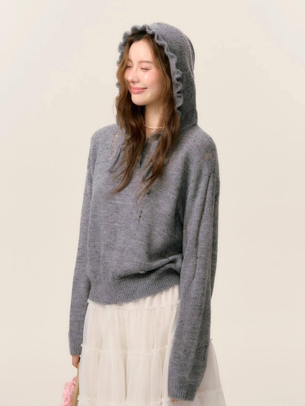 SOMESOWE Oversized Crochet Tie Street Loose Fit Women Grey Long Sleeve T-Shirts