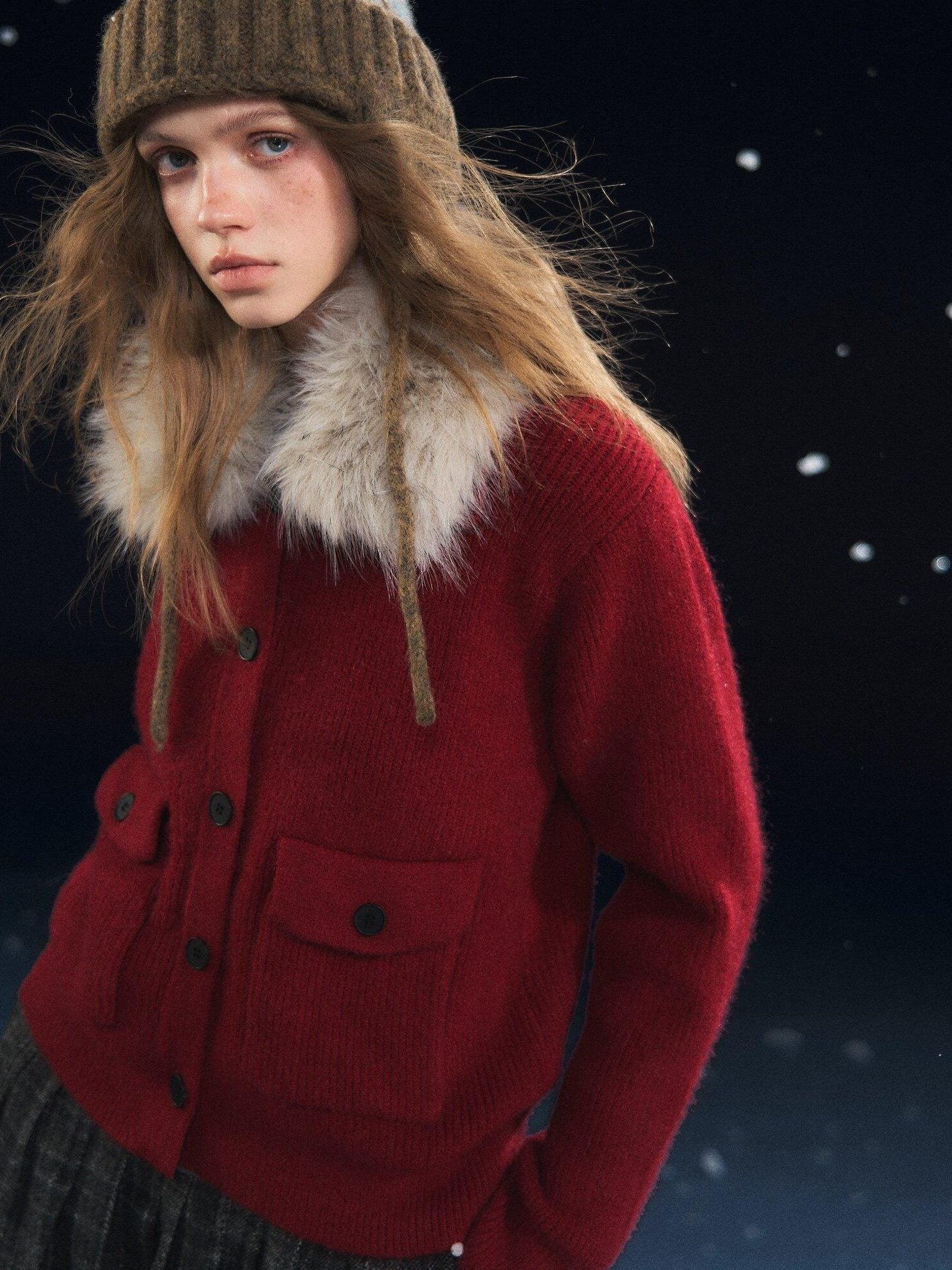 SOMESOWE Cozy Knit Fruit Lapel Button Casual Women Red Oatmeal Cardigans