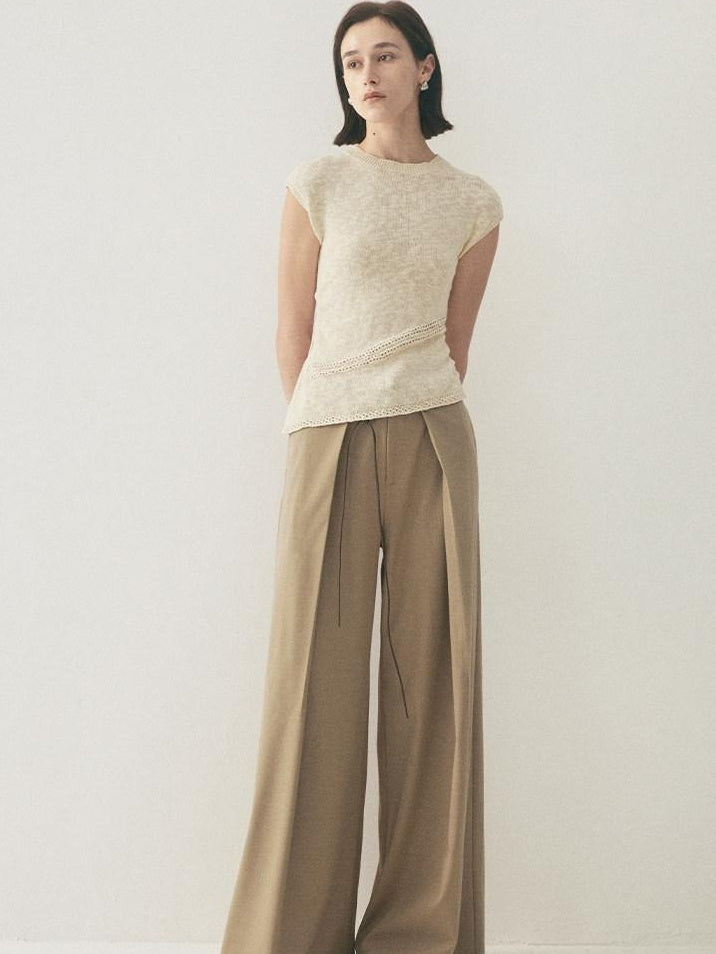 someonesometimes High Waist Stretch Belt Detail Minimalist Polyester Blend Women Wide Leg Pants