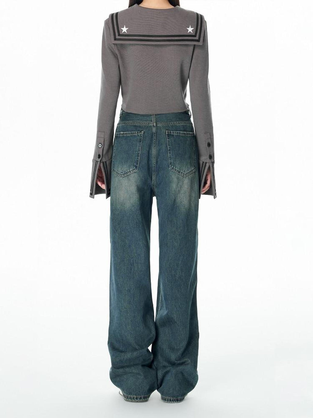 SOMESOWE Cotton Slight Stretch Unisex Loose Natural Waist Washed Blue Wide Leg Jeans