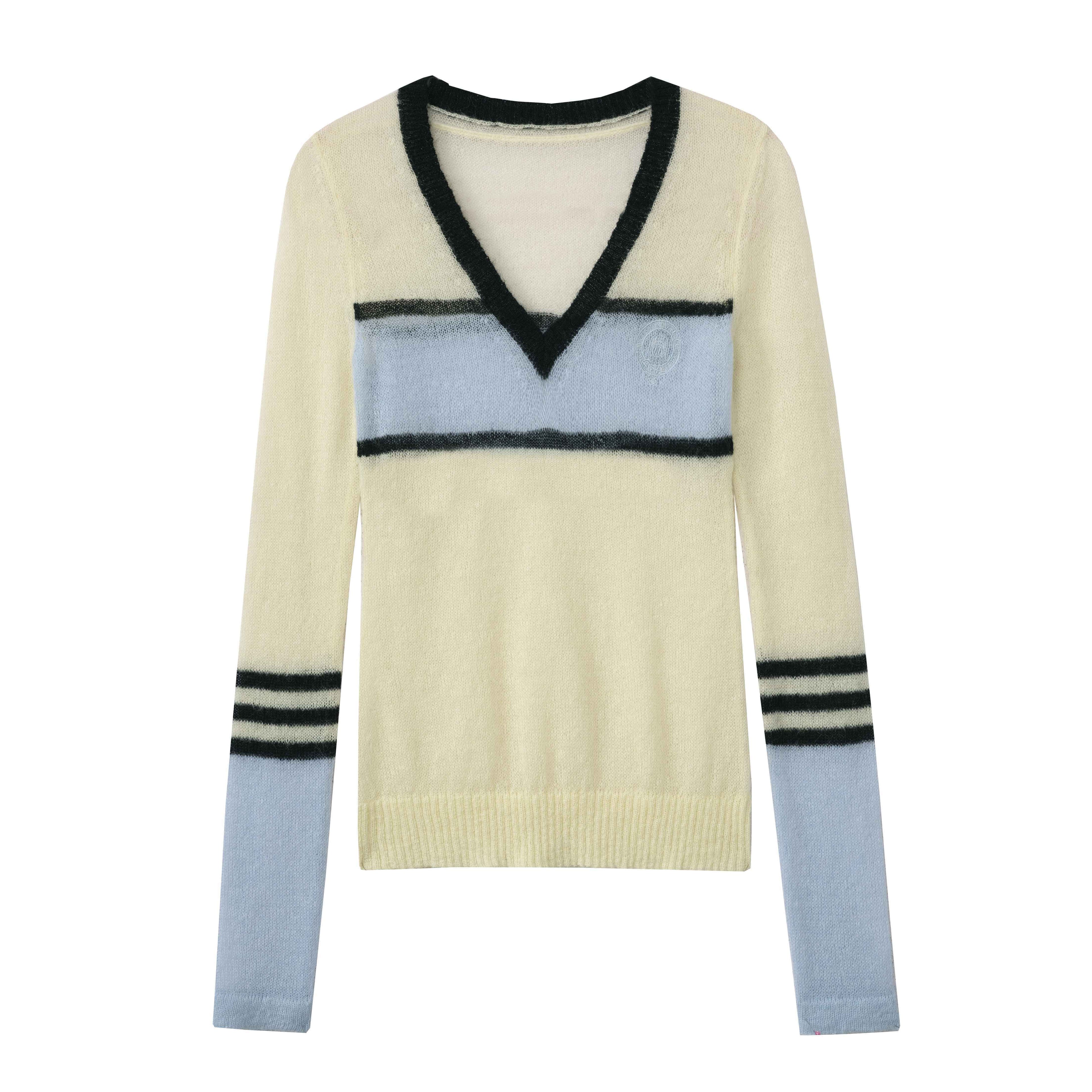 DeleteEx_Embroidered_V-neck_Slim_Fit_Striped_Yellow_Knit_Pullover_Women_Sweaters_MISSTT