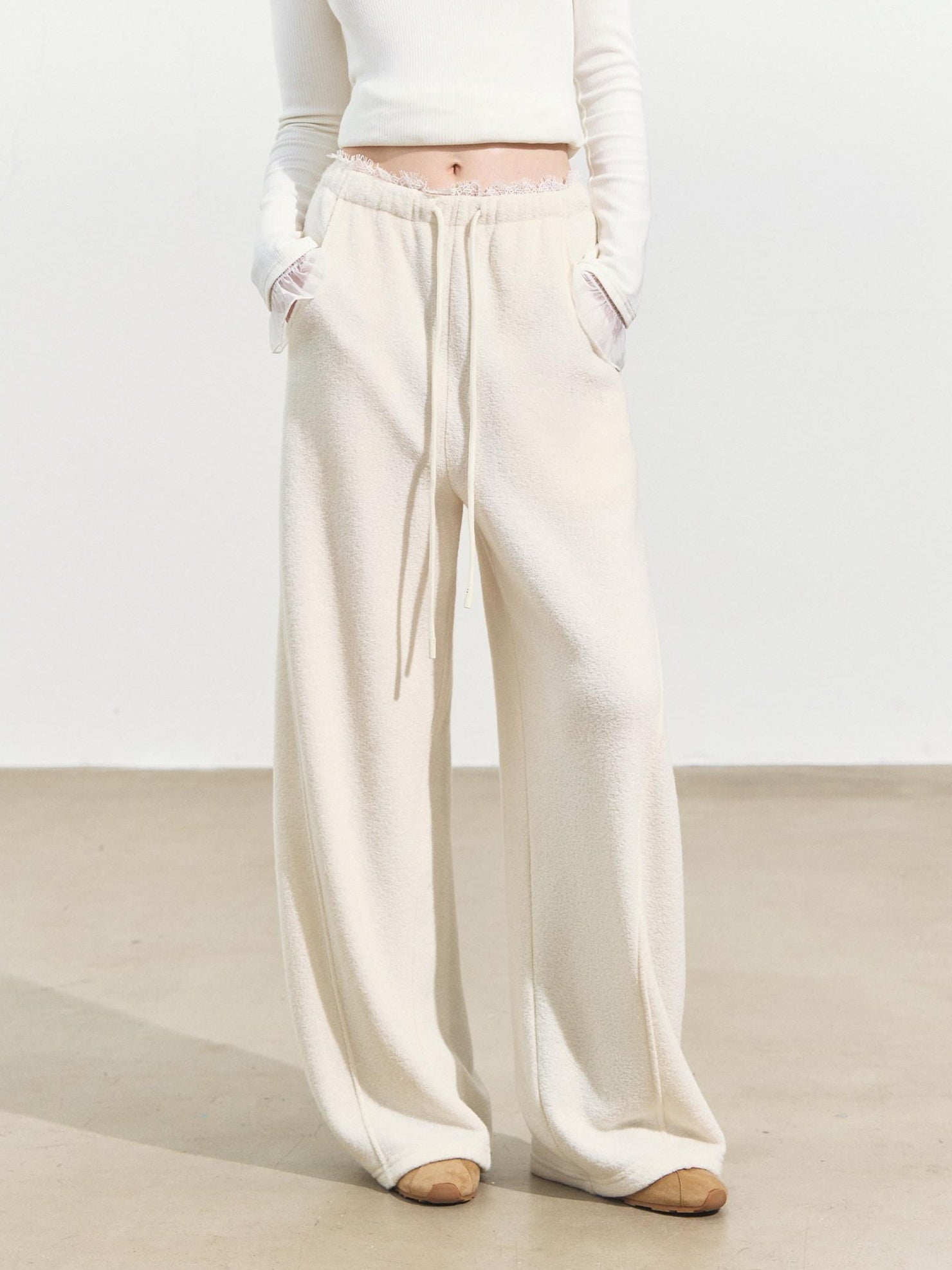 SOMESOWE Cropped Stand Collar Sweatshirt Loose Sexy Women Cream Pants Top & Pants Sets