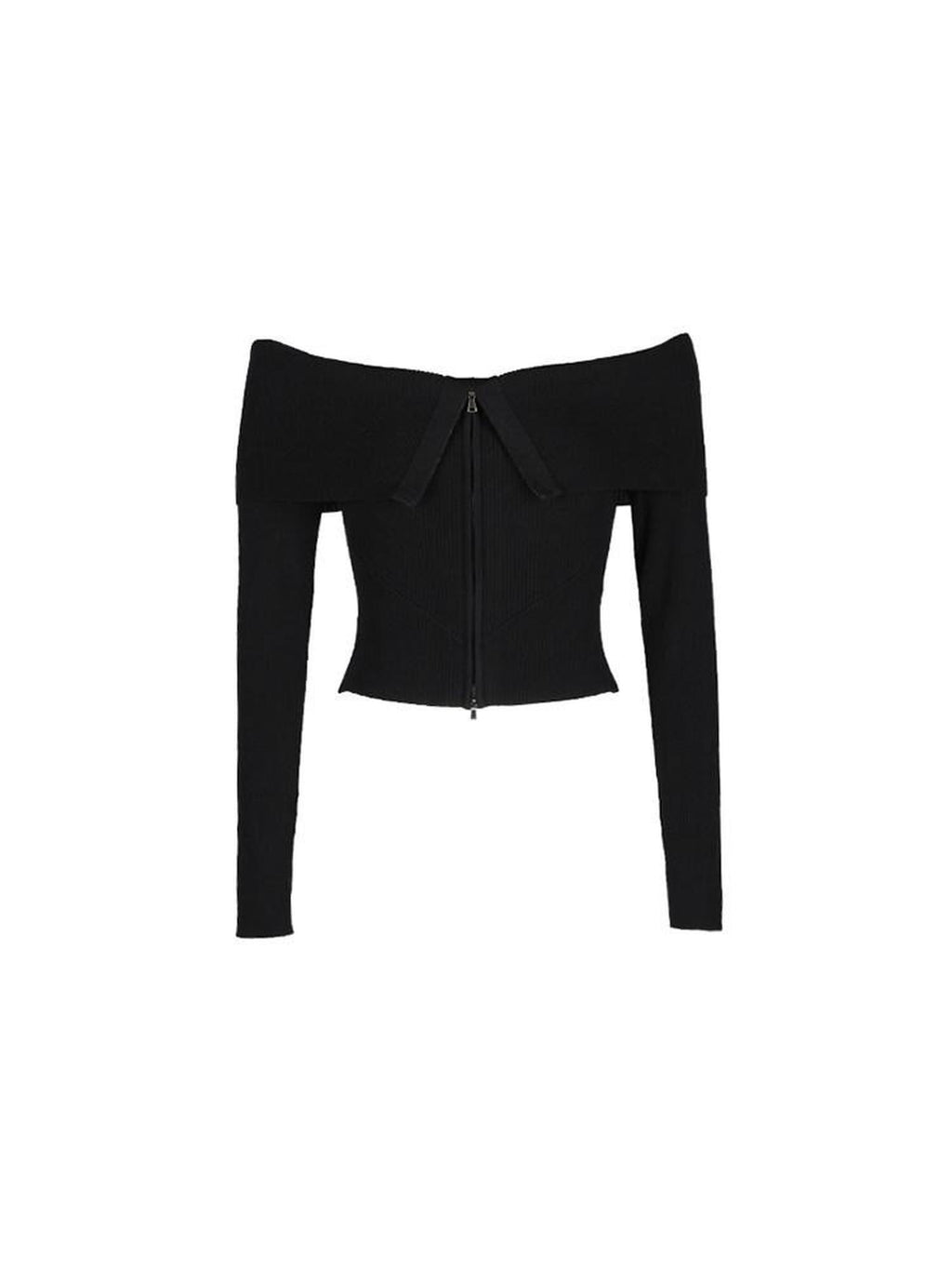 ALINNVSTUDIO Black Long Sleeve One Size Open Front Office Style Solid Off Shoulder Crop Tops