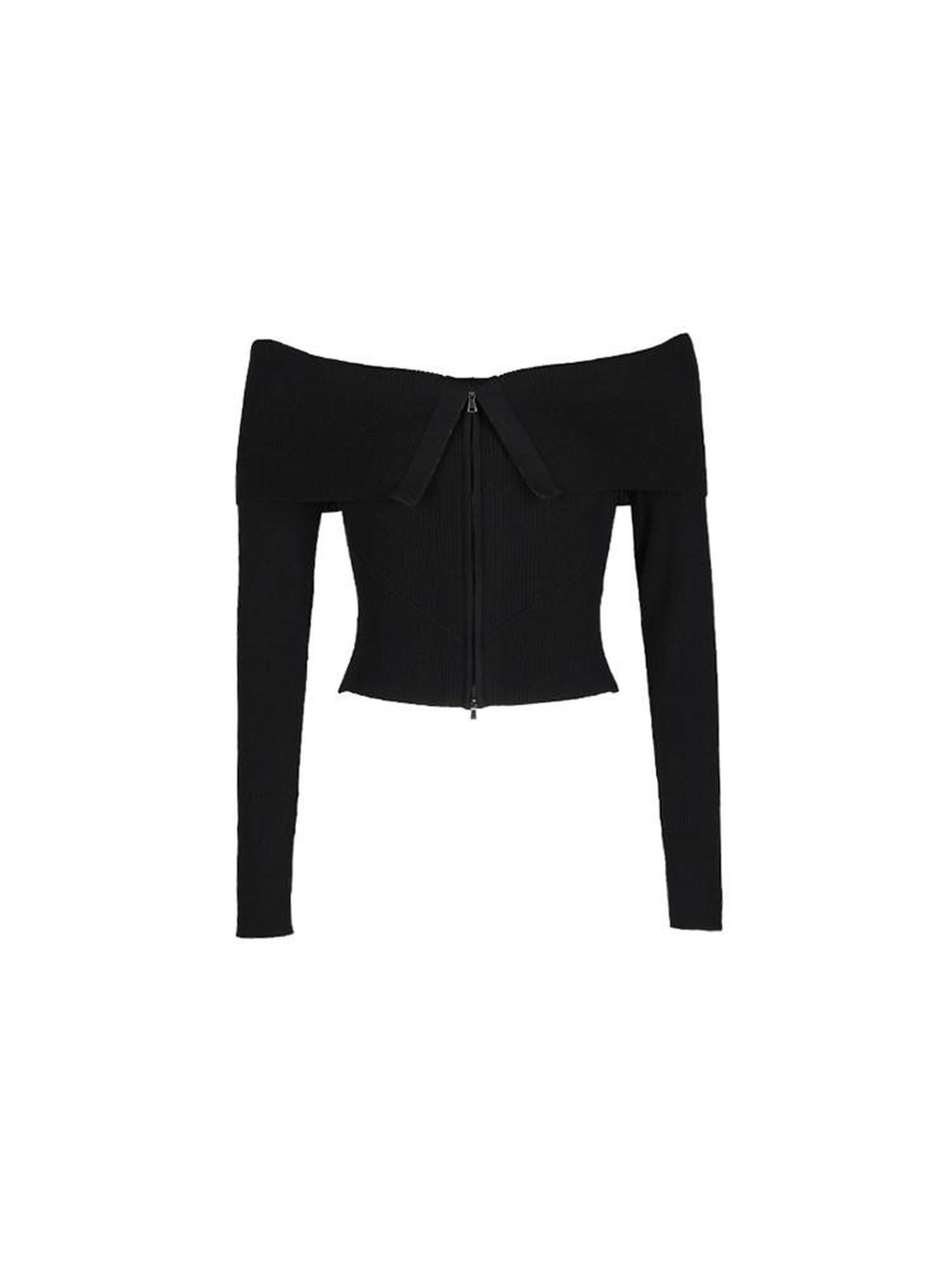 ALINNVSTUDIO Black Long Sleeve One Size Open Front Office Style Solid Off Shoulder Crop Tops
