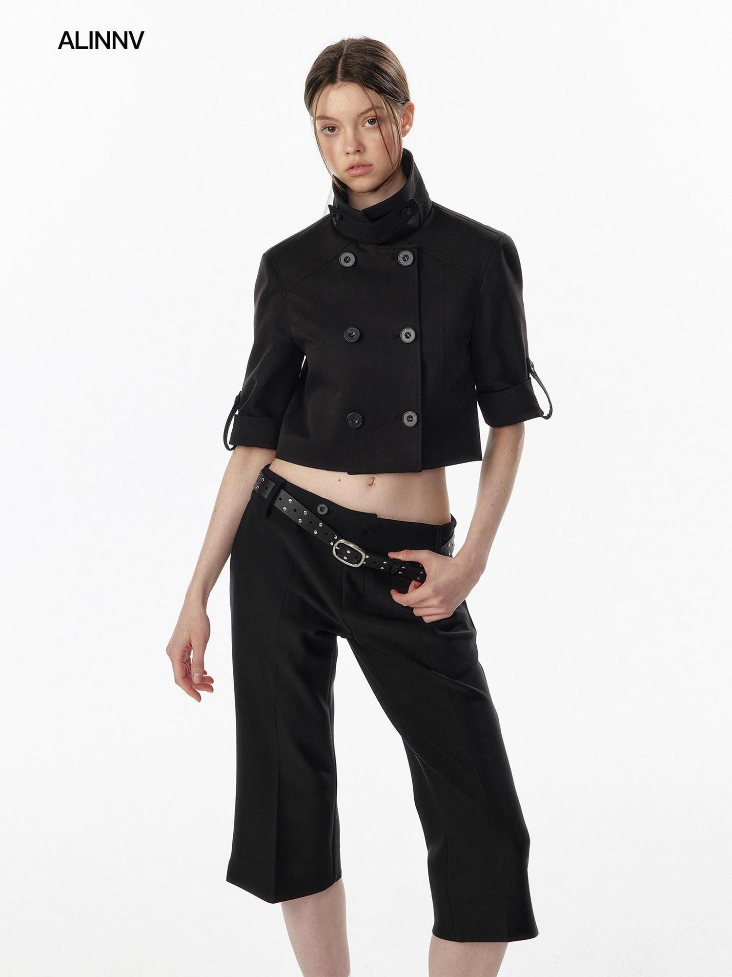 ALINNVSTUDIO Casual High Waist Double Breasted Cropped Black Cotton Blend Women Trench Coats