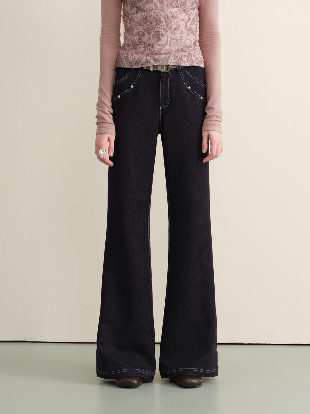 someonesometimes Stretch Minimal Natural Waist Topstitch Detail Women Midnight Blue Flared Jeans