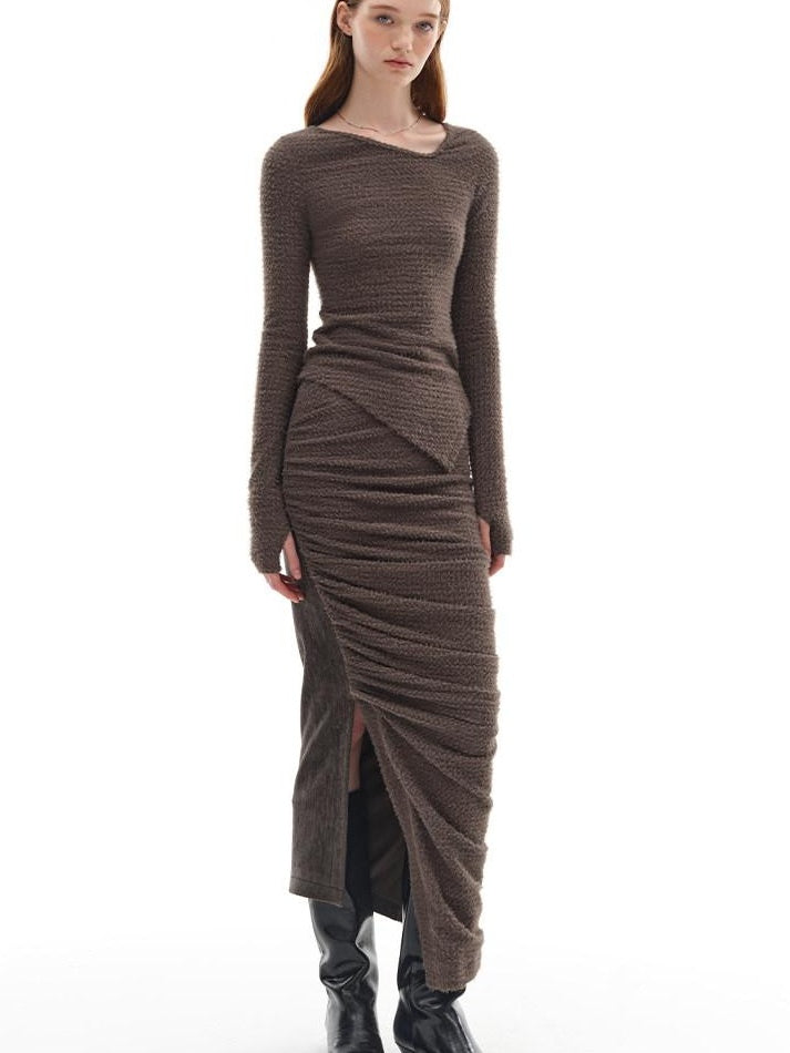 someonesometimes Slim Knit Minimal Casual Crewneck Long Sleeve Women Gray Top & Skirt Sets