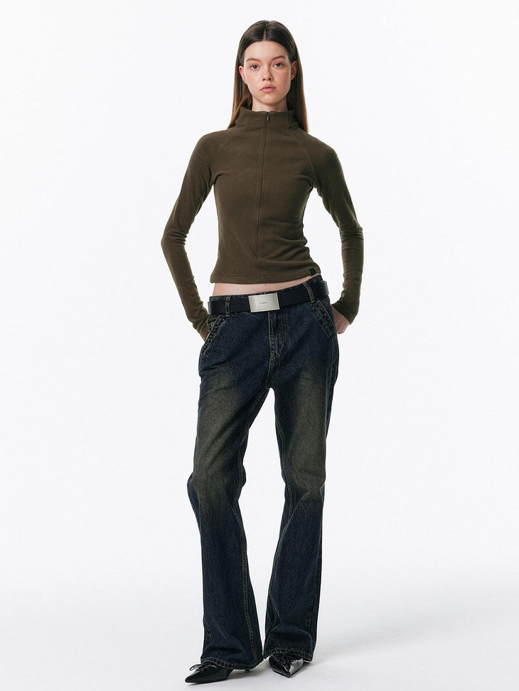 ALINNVSTUDIO Zip Half Collar Slim Commuter Ladies Black Olive Long Sleeve T-Shirts