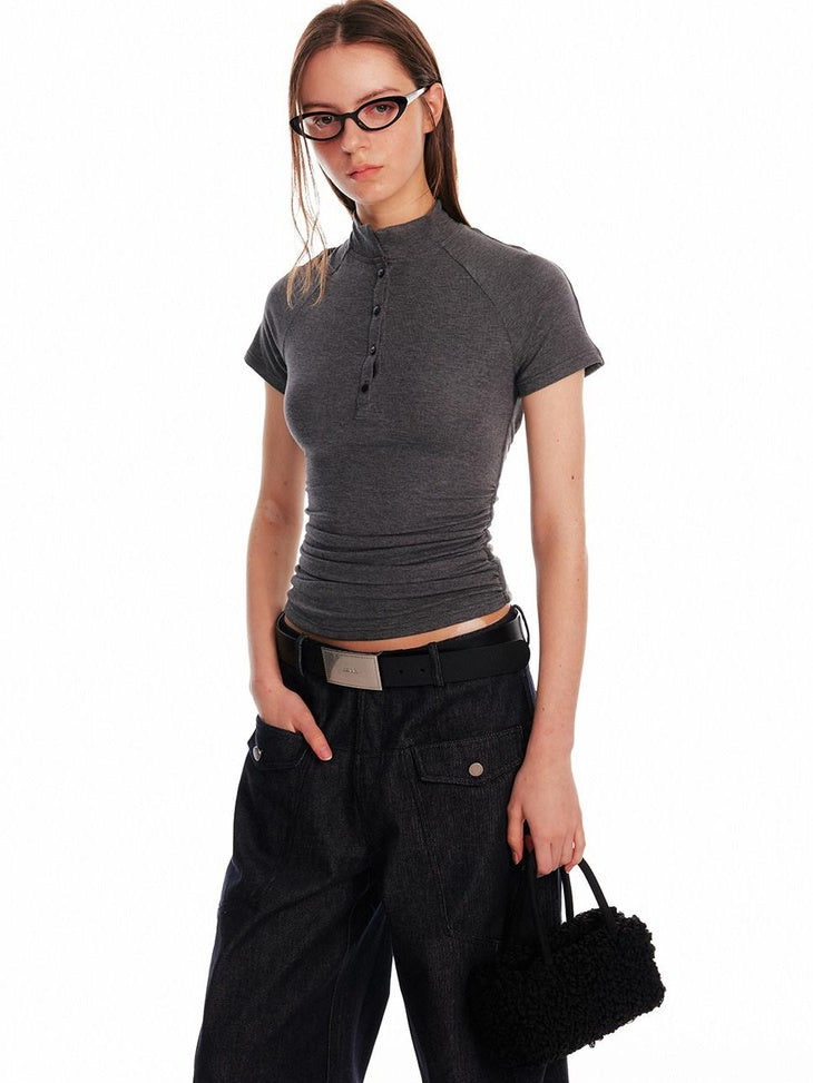 ALINNVSTUDIO Creative Patchwork Slim Fit Cropped Crewneck Striped Gray Short Sleeve T-Shirts