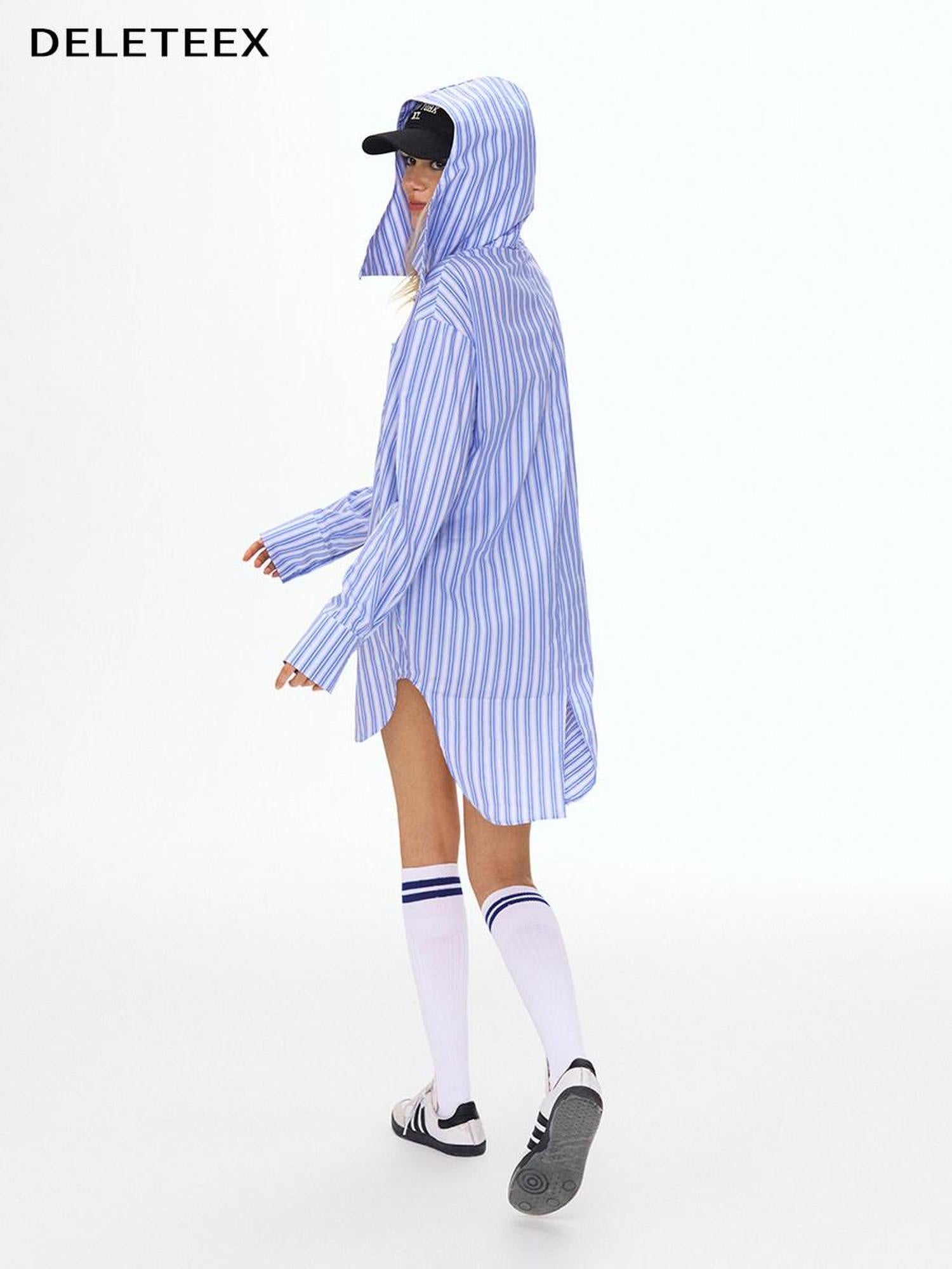 DeleteEx 100% Cotton Loose Fit Blue White Checked Turn Down Collar Long Sleeve Shirts