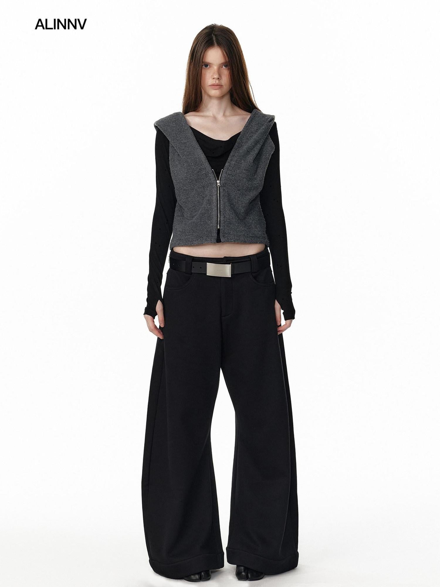 ALINNVSTUDIO Vintage Faux Layered Hooded Zip Knit Short Length Women Black Gray Cardigans