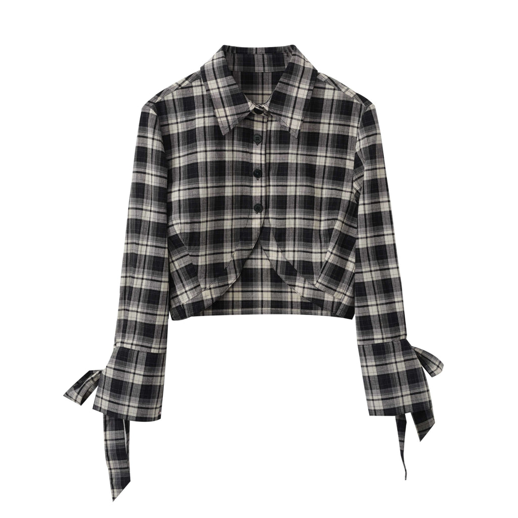 DeleteEx_Skin_Friendly_Breathable_Vintage_Cropped_High_Waist_Plaid_Lapel_Bow_Blouses_MISSTT