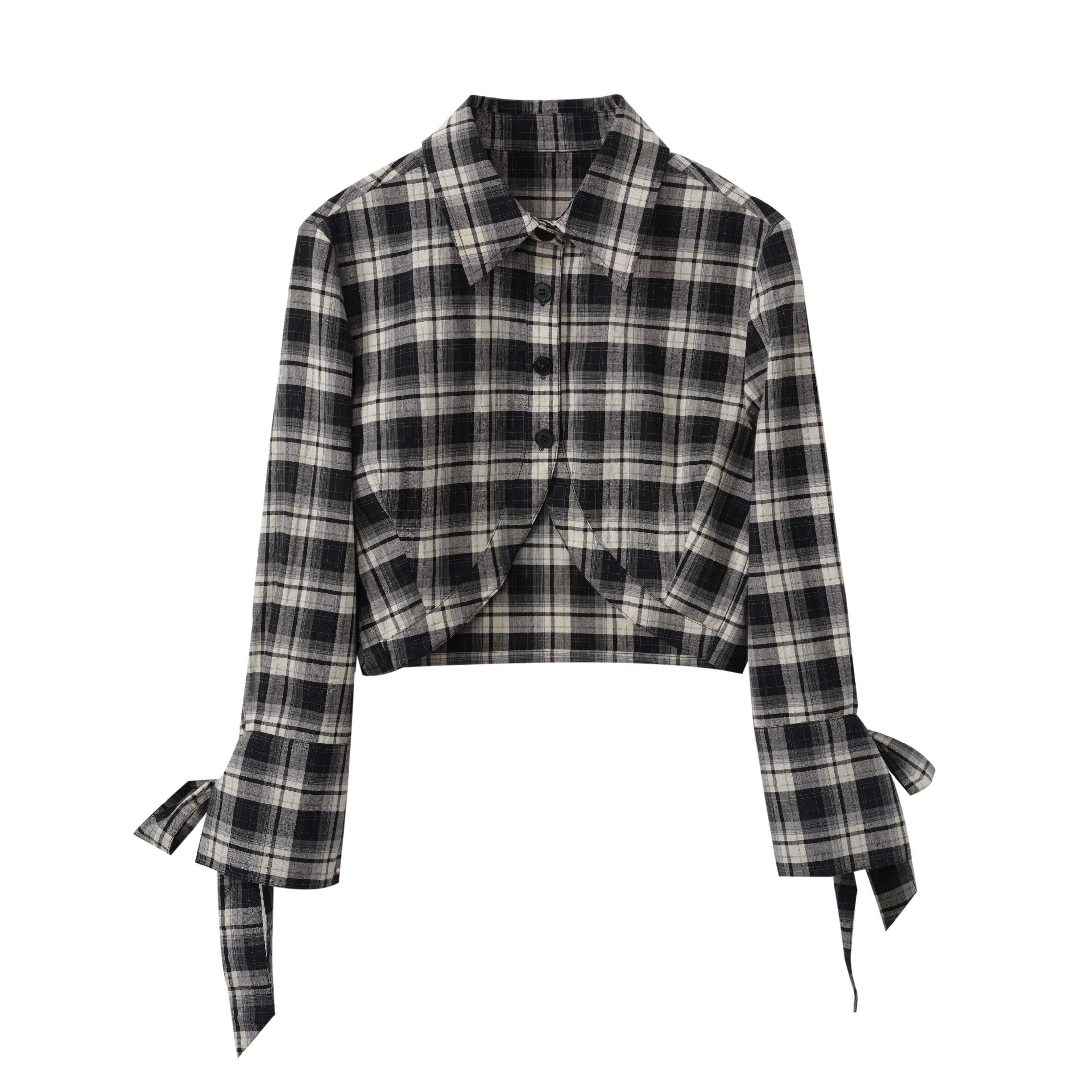 DeleteEx_Skin_Friendly_Breathable_Vintage_Cropped_High_Waist_Plaid_Lapel_Bow_Blouses_MISSTT