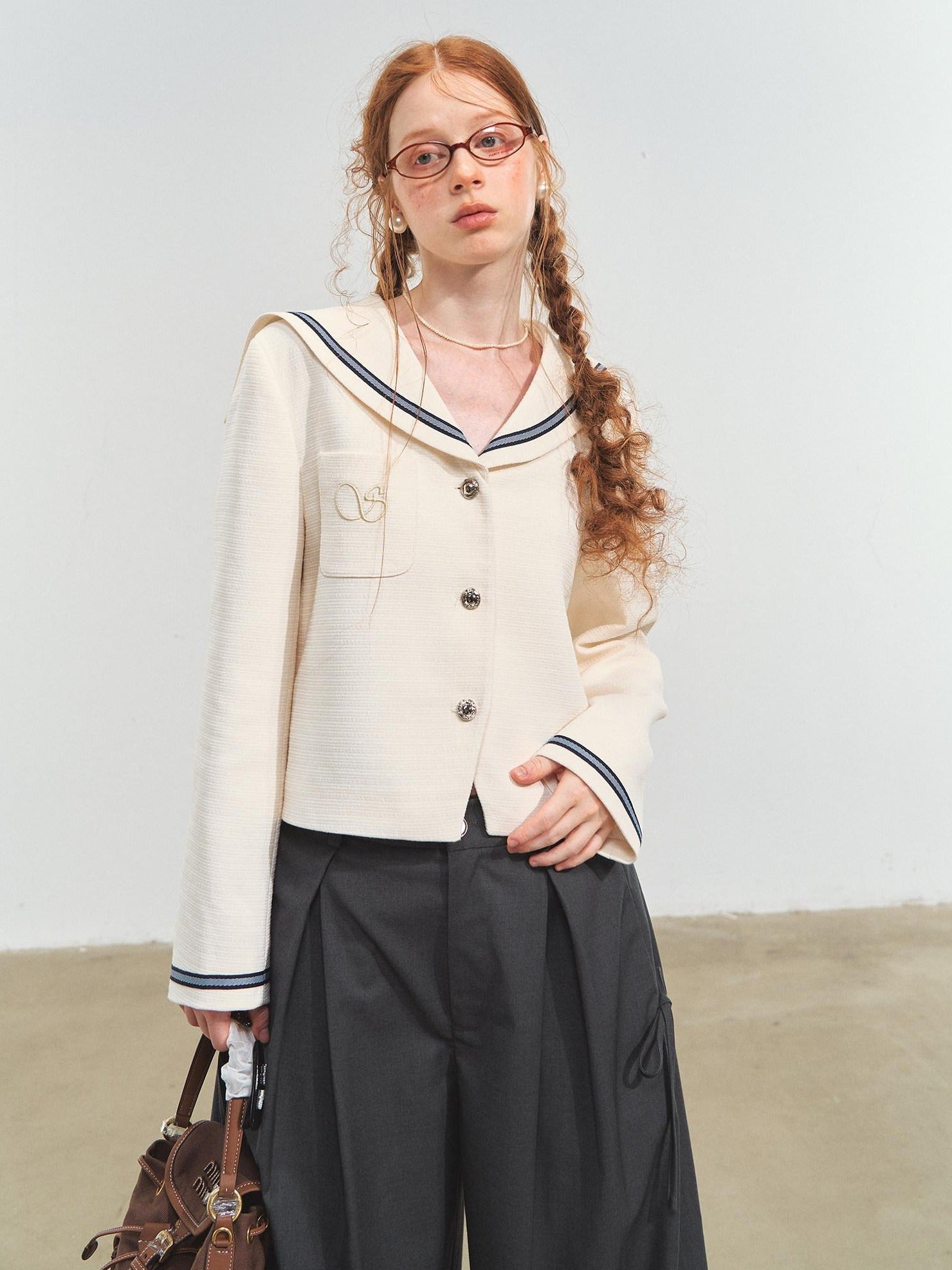SOMESOWE Shape Retention Navy Inspired Tweed Relaxed Stand Collar Women White Short Coat