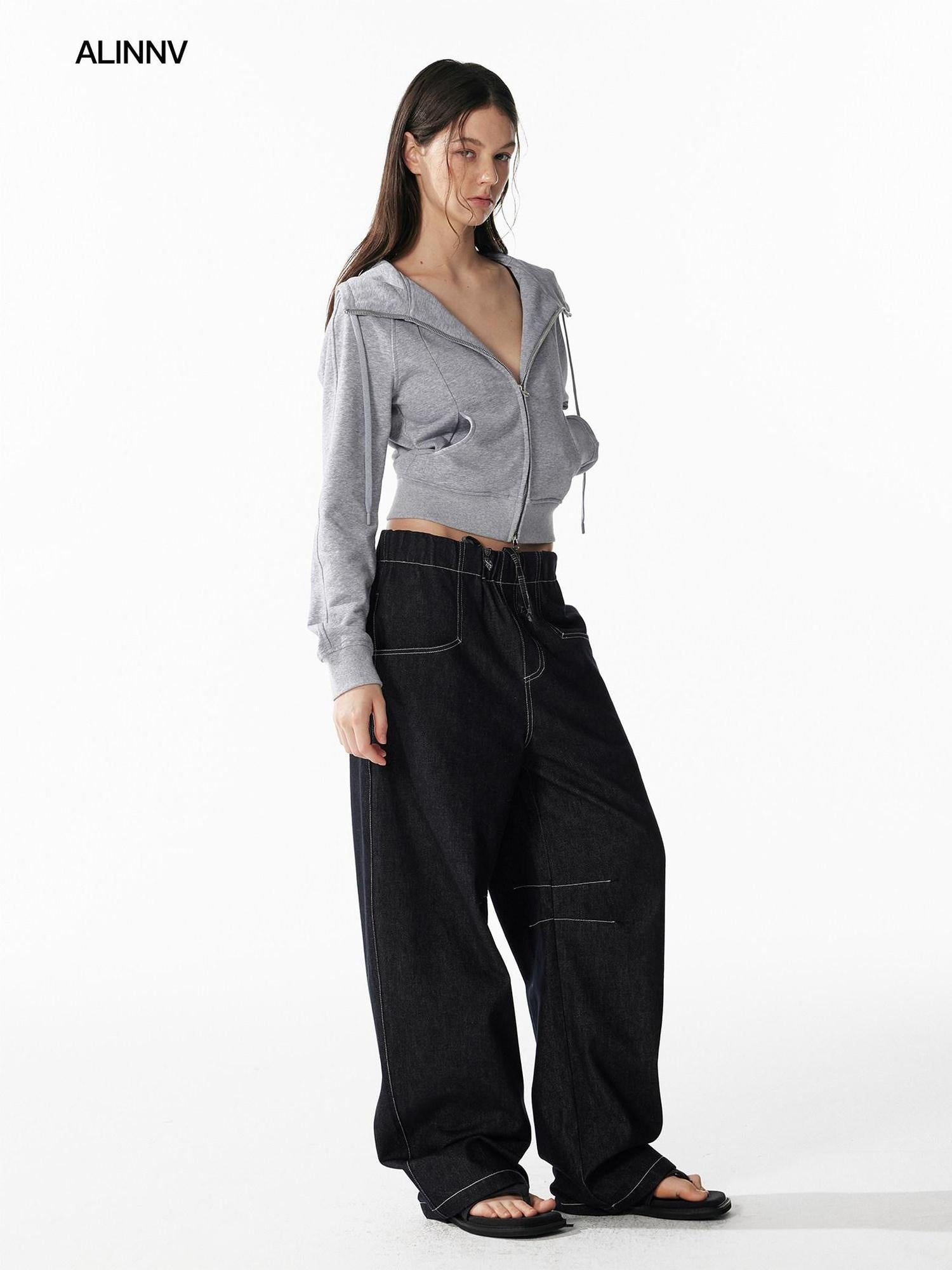 ALINNVSTUDIO Relaxed Fit Cotton Natural Waist Topstitch Deep Indigo Women Wide Leg Jeans