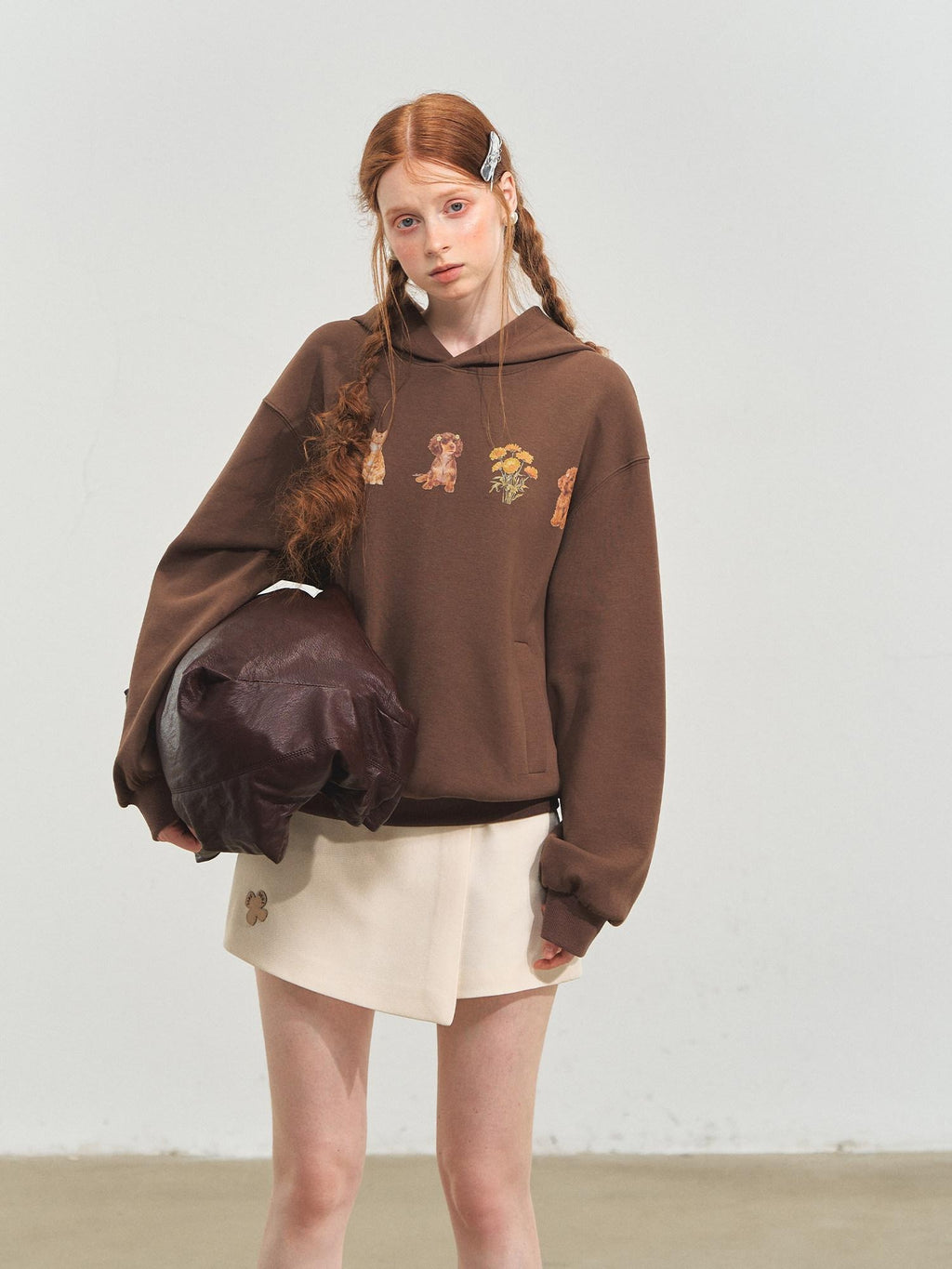 SOMESOWE Cartoon Anime Oversized Hooded Longsleeve Casual Grey Brown Hoodie