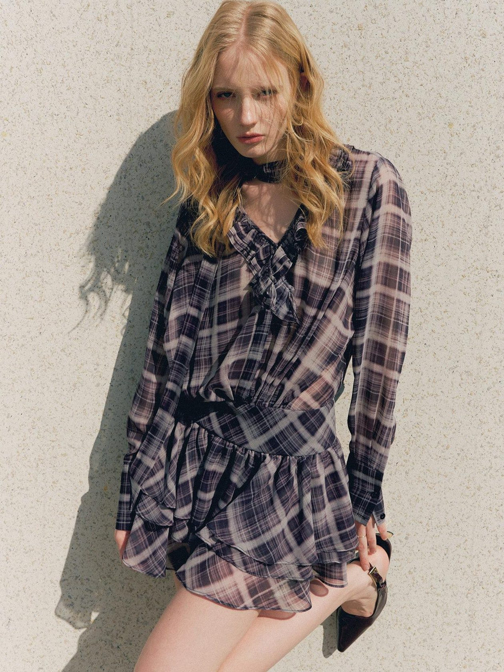 DeleteEx Chic Vintage Asymmetrical V-neck Slim Long Sleeve Plaid Citywalk Mini Dresses