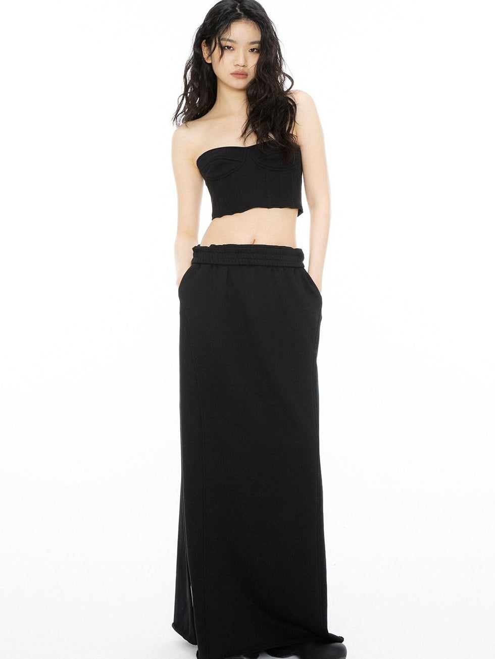 ALINNVSTUDIO Original Design Slim Fit Short Crop Strapless Black Colorblock Chic Tube Tops