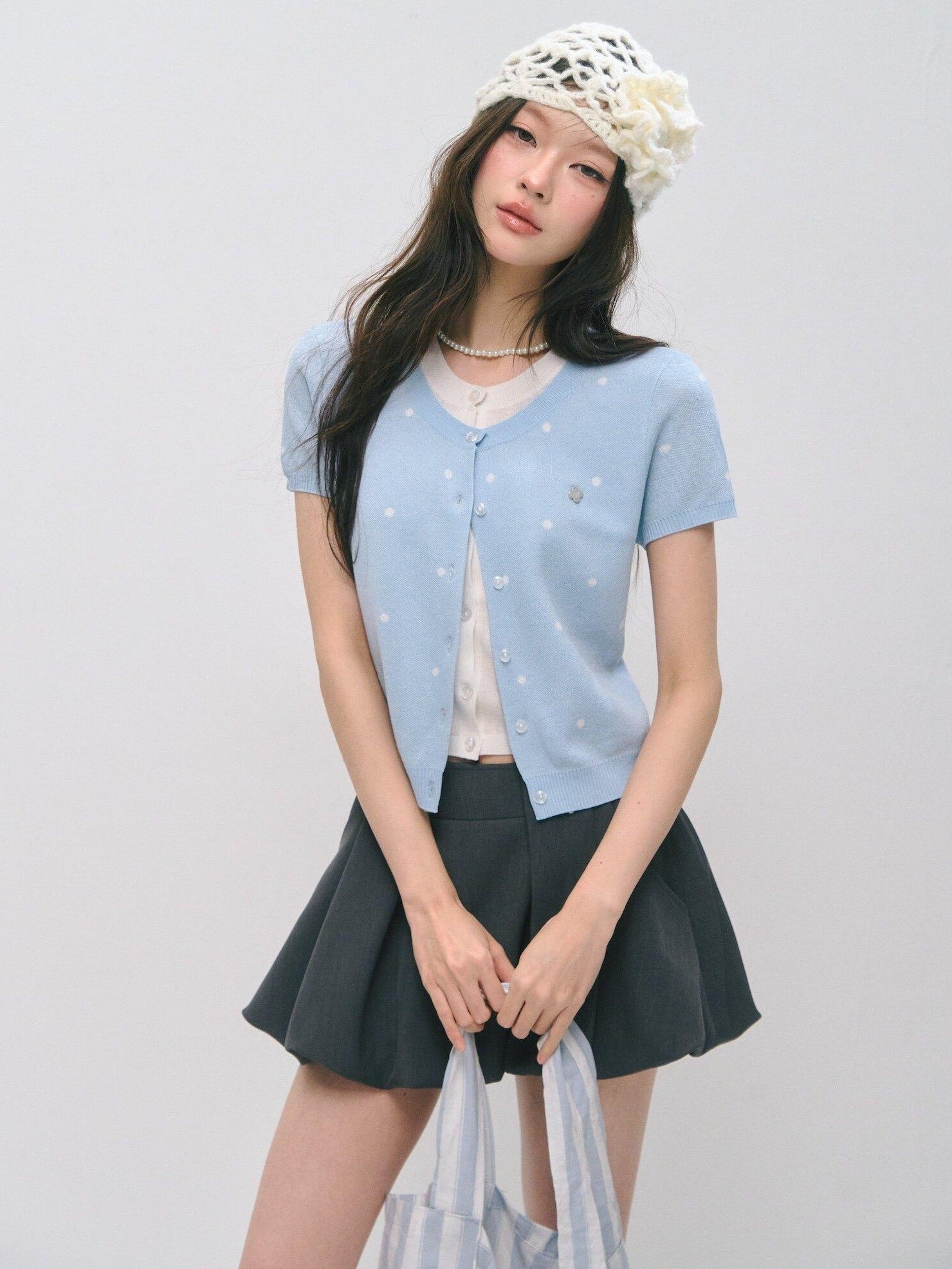 SOMESOWE Polka Dot Knitted Casual Short Sleeve Two Piece Women T Shirt Basic Crop Tops