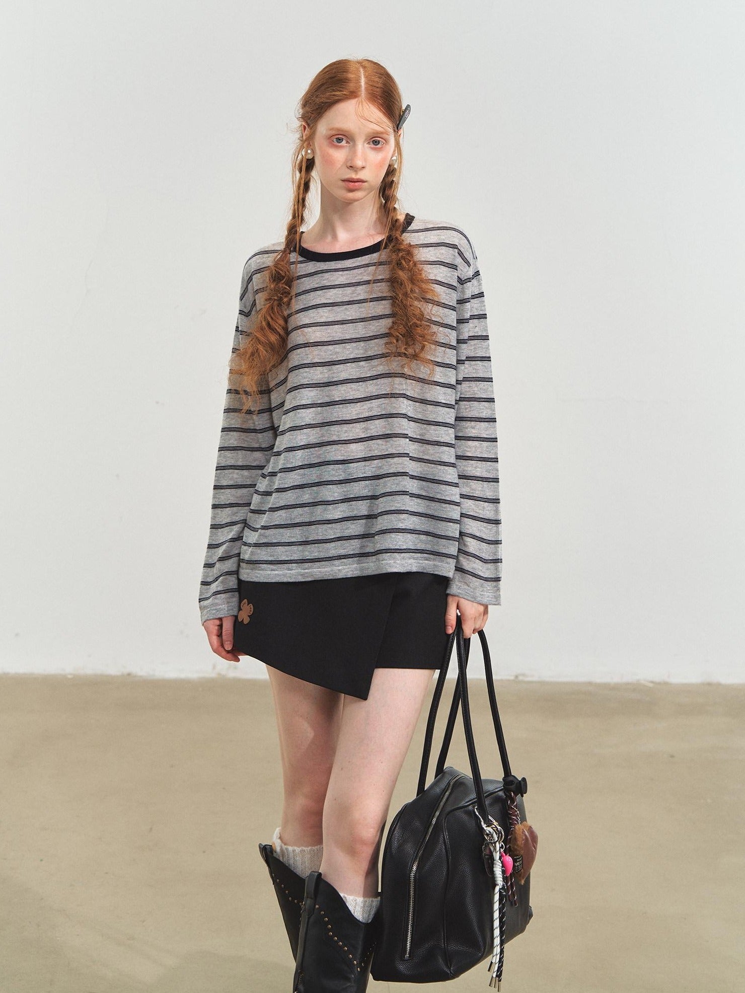 SOMESOWE Acrylic Knit Casual Slim Fit Striped Crew Neck Women Long Sleeve T-Shirts
