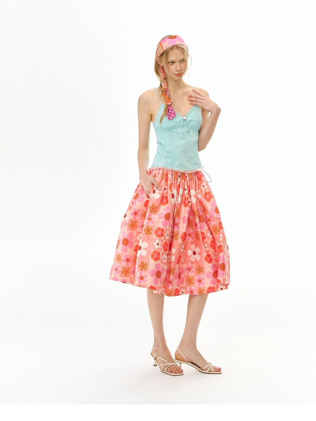 DeleteEx Flattering High Waist A Line Orange Red Floral Polyester Women Midi Skirts