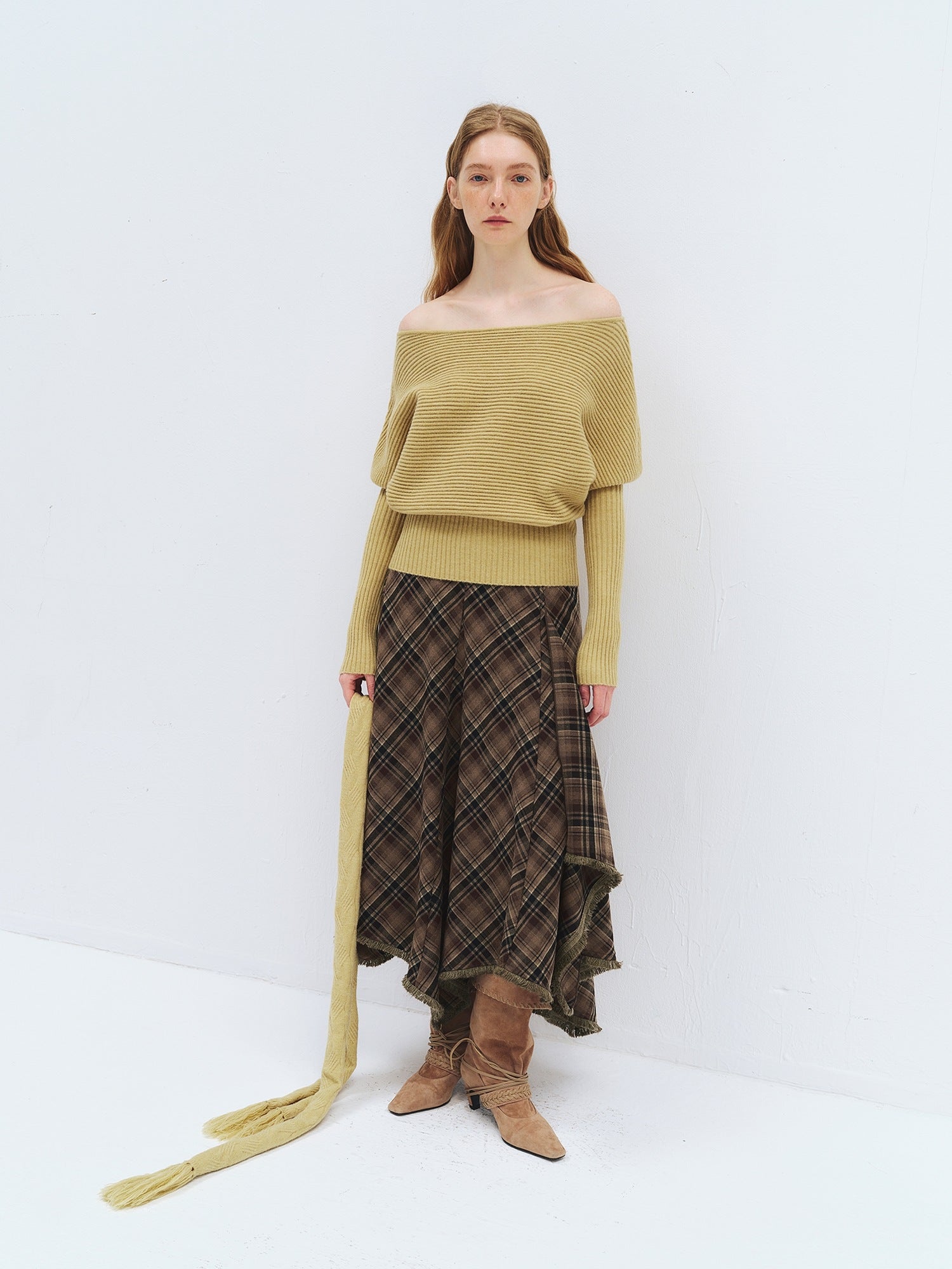 someonesometimes High Waist Vintage Irregular Hem Loose Fit Olive Check Casual Women Maxi Skirts
