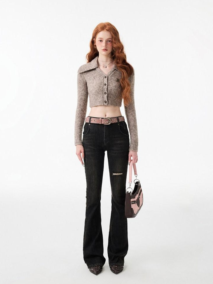 1JINN STUDIO Thick Micro Stretch Vintage Washed Slim Natural Waist Women Denim Flared Jeans
