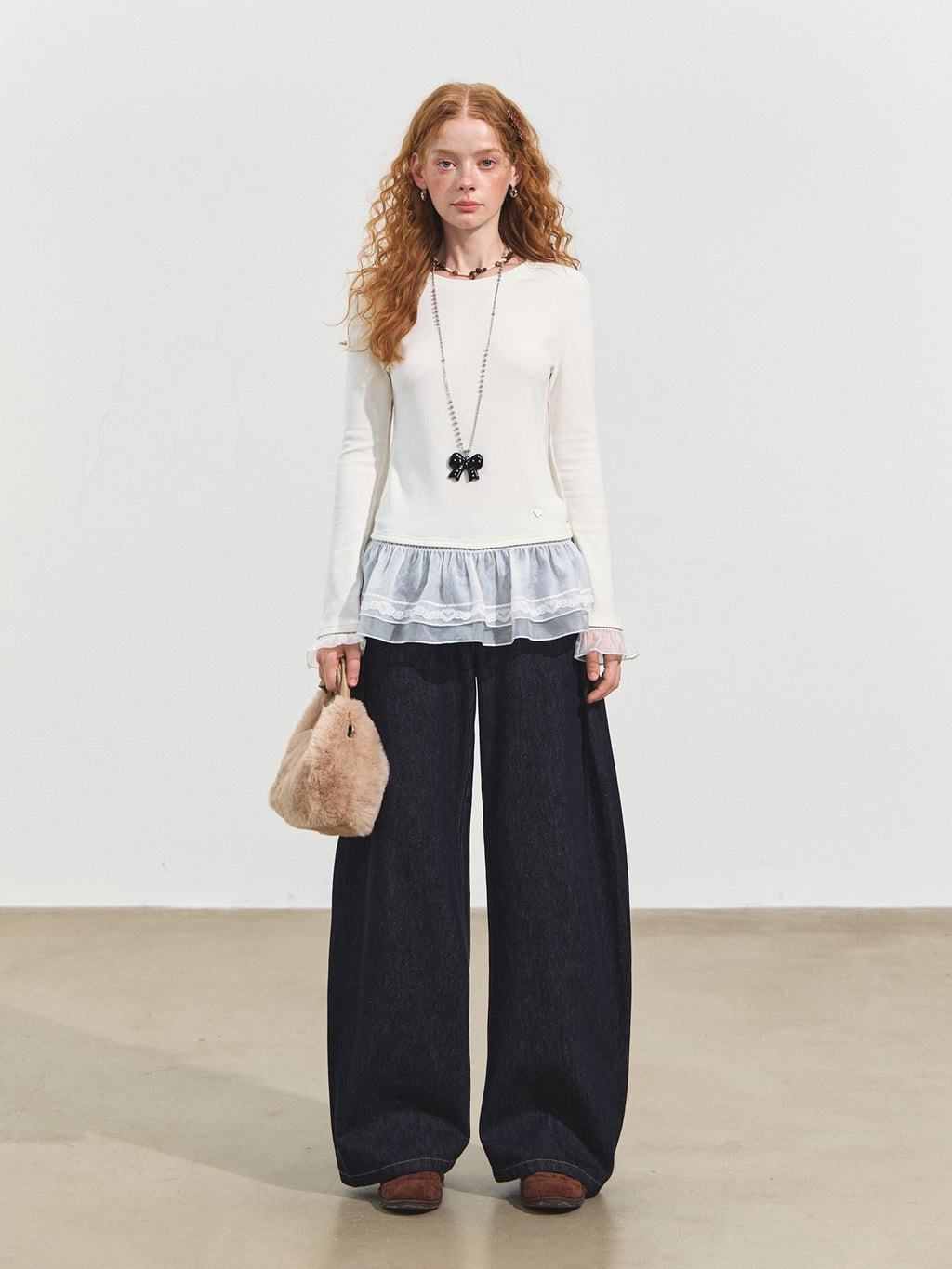 SOMESOWE Pleated Casual Natural Waist Loose Cotton Pocket Zip Blue Women Wide Leg Jeans