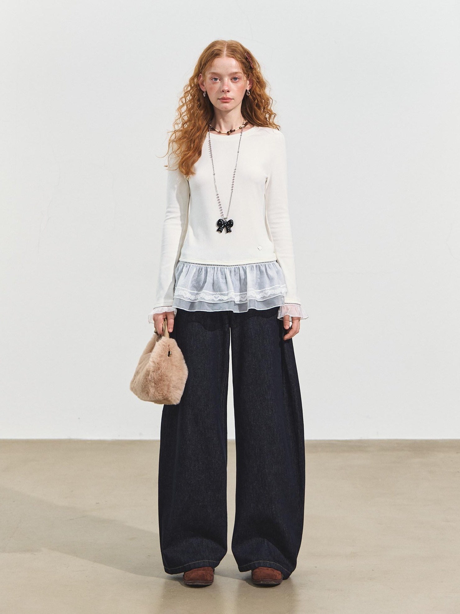 SOMESOWE Pleated Casual Natural Waist Loose Cotton Pocket Zip Blue Women Wide Leg Jeans