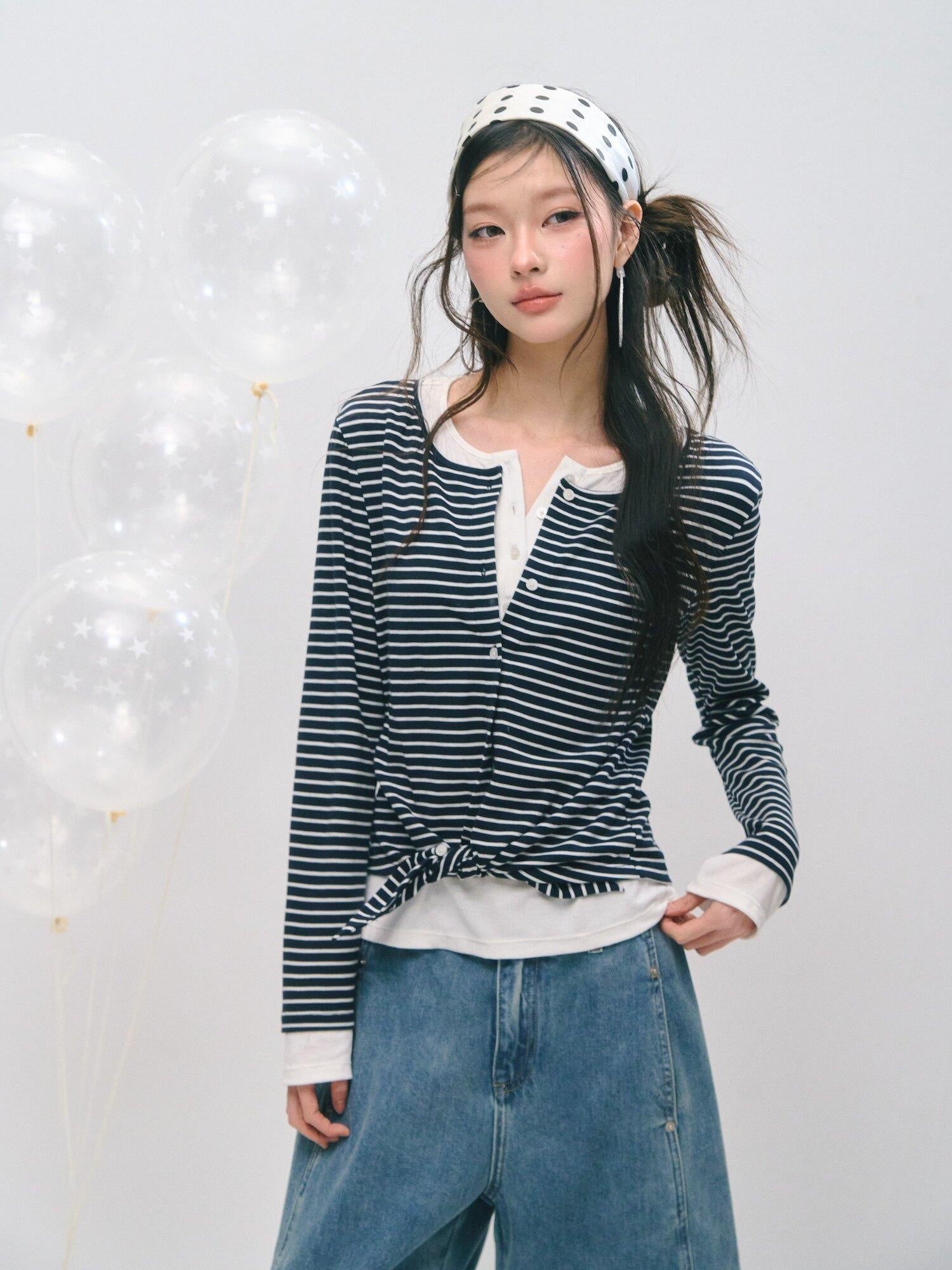 SOMESOWE Soft Lyocell Wool Blend Casual Loose Layered Striped Women Long Sleeve T-Shirts